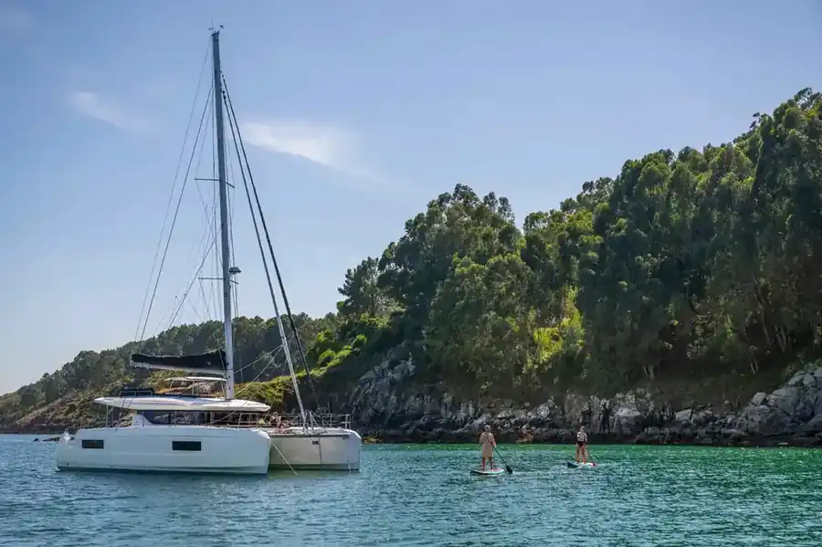 A Lagoon 43 at anchor