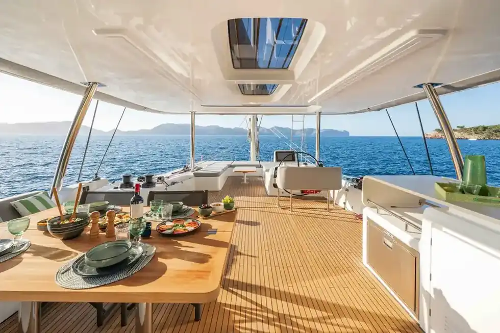 Dining on the flybridge of a Lagoon 60